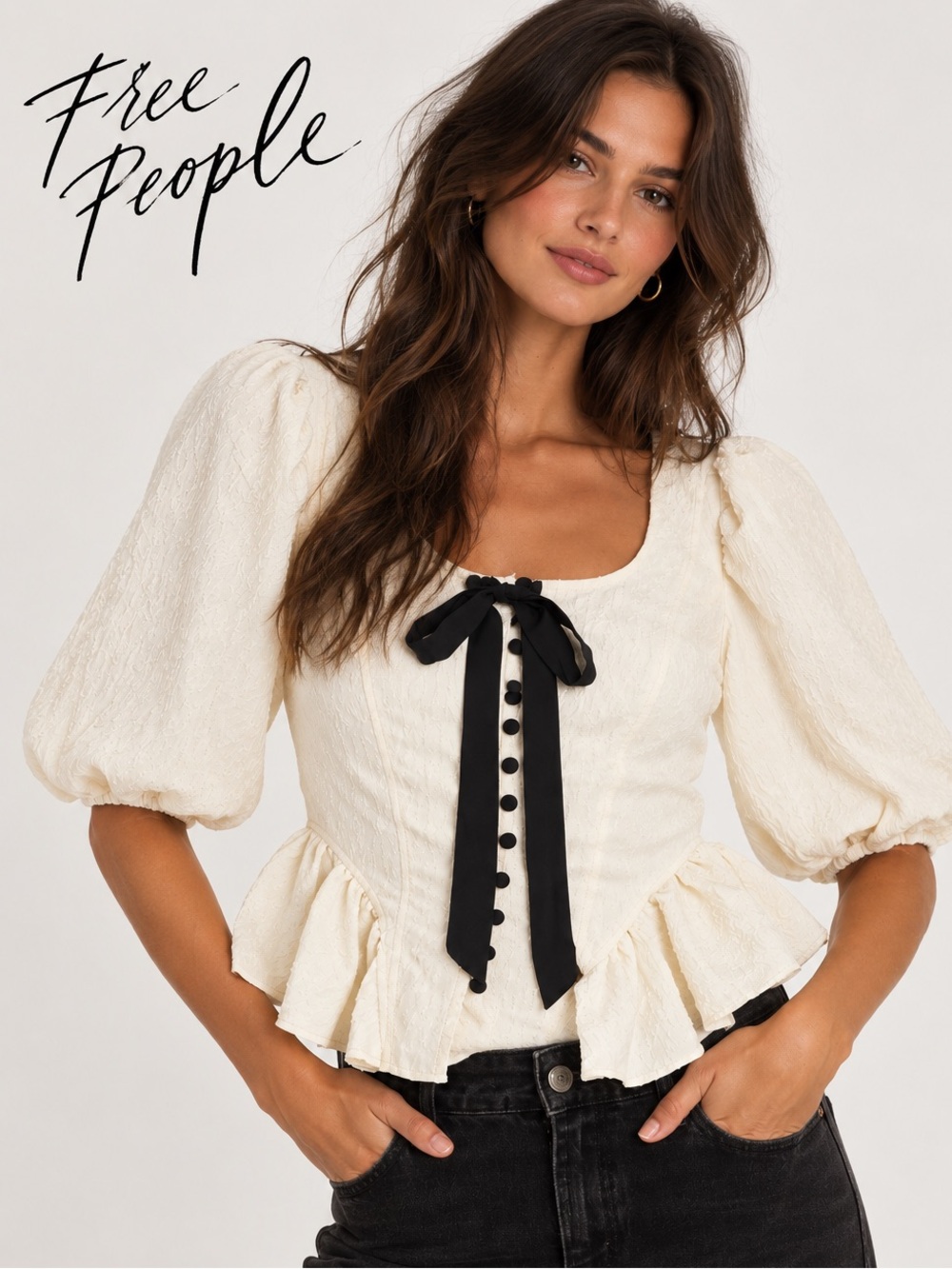 Free People Pamela Bow Top Ivory Black Ribbon Peplum Puff Sleeve Blouse